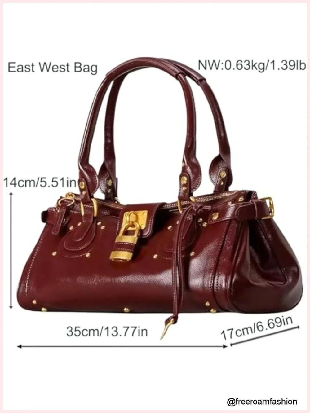 PU Leather Vintage Y2K Lock East West Bag Top Handle Handbag Studded Underarm